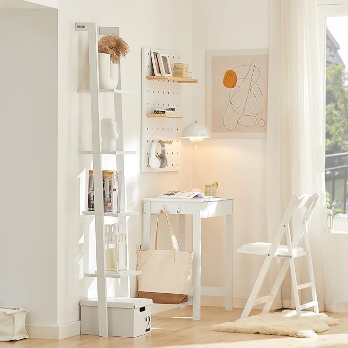 Haotian Ladder Shelves, 4-Tier Storage Display Organizer Rack, Wall-Leaning Bookshelf, Wooden Wall Shelf for Bathroom Living Room Study Room, White FRG15-W