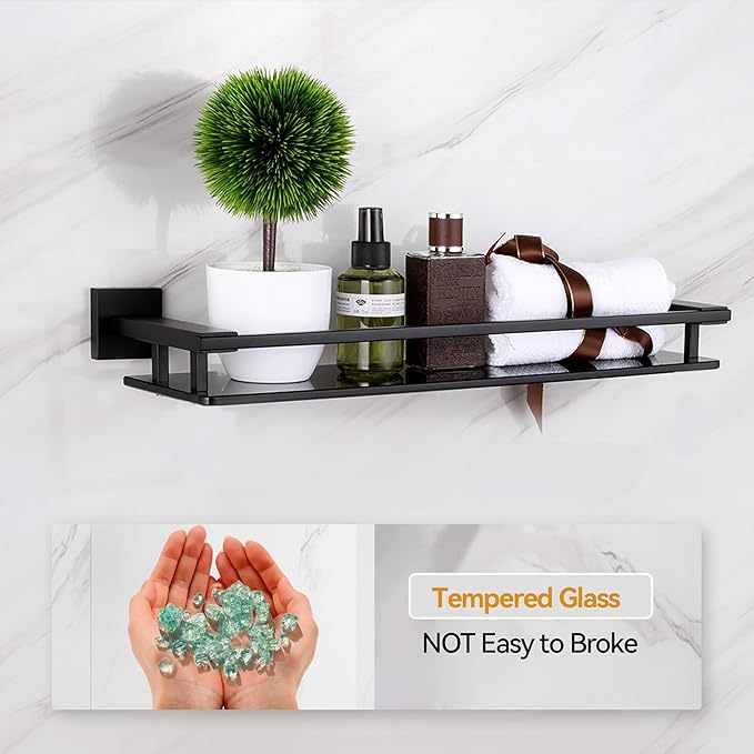 Black Bathroom Shelves Glass Shelf 20-Inch Floating Tempered Glass Shelf Rectangular Modern Stainless Steel Wall Mounted Shelves for Shower Bathroom Kitchen Organizers Accessories ,A7613AB
