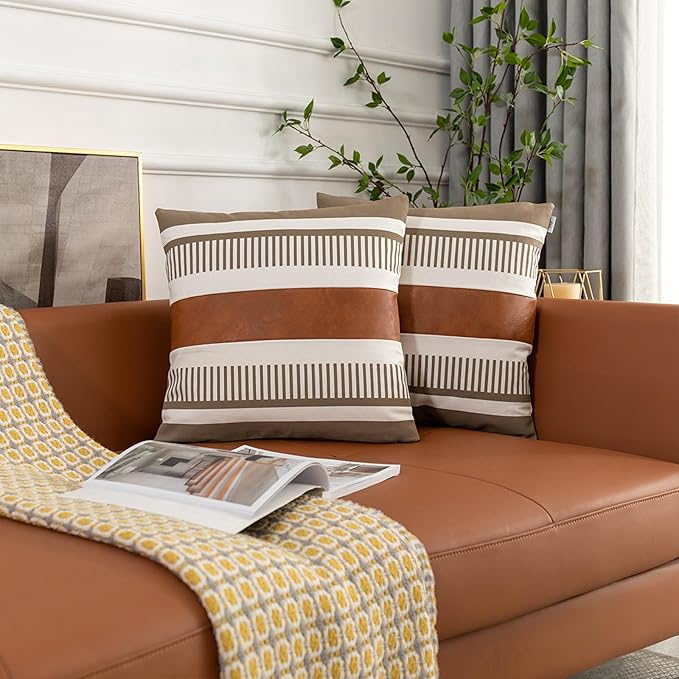 Set of 2 Farmhouse Striped Pillow Cover 22x22 for Living Room Bedroom Square Decorative Pillow Case for Sofa Couch Bed,Modern Faux Leather Accent Cushion Cover Boho Home Decor