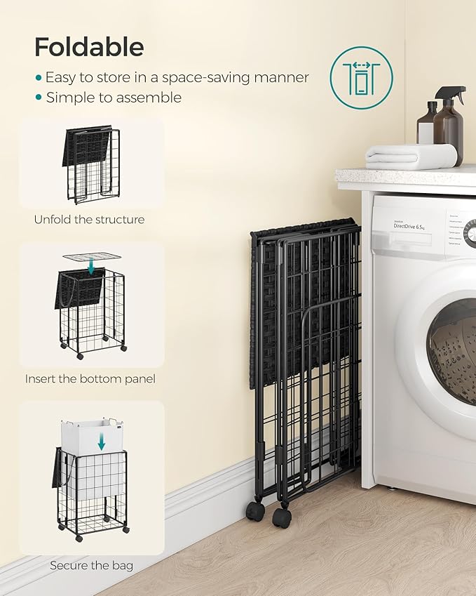 SONGMICS Laundry Hamper, 90L Laundry Basket with Lid, Clothes Hamper with Wheels, Collapsible Removable Liner Bag, Iron-Made Laundry Sorter, Ink Black and Cloud White ULCB290B12