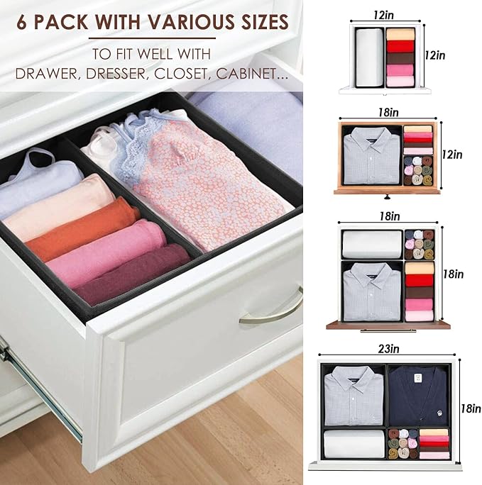 Criusia 6 Pack Clothes Drawer Organizer Dividers, Fabric Foldable Closet Dresser Drawer Organizer for Clothing, Bra Sock Underwear Drawer Organizer for Nursery Bedroom Organization (6 Bins, Black)