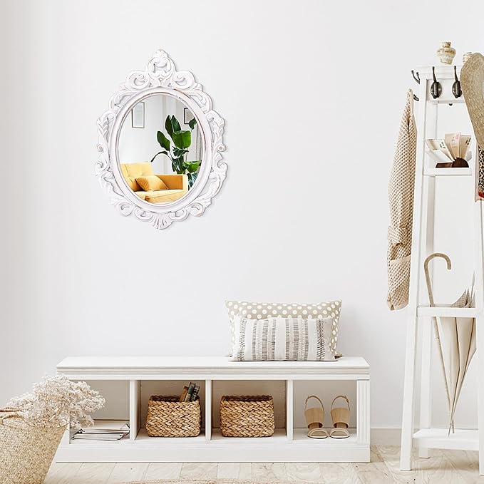 Vintage White Wall Mirror Baroque Style Wall Decor Antique Oval Ornate Accent Wood Bathroom Mirror Vanity Rustic Wall Mounted Mirrors Decorative Farmhouse Mirrors for Bedroom Living Room