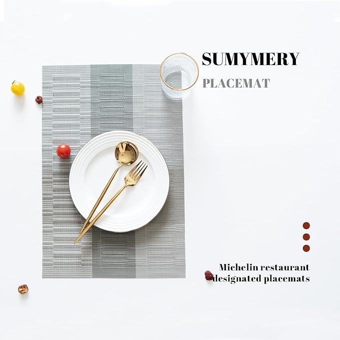 Placemats Set of 6 Vinyl/Plastic Woven Place Mats for Kitchen Table Indoor/Outdoor Washable Placemat Wipeable Dining Table Mats (Ombre Grey Brown,6)