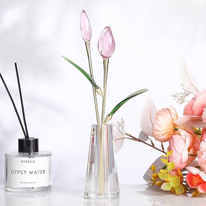 LONGWIN Crystal Tulips Flower Figurine Collectible with Vase Glass Spring Bouquet Flowers with Stem Home Decor Gift for Women Mom