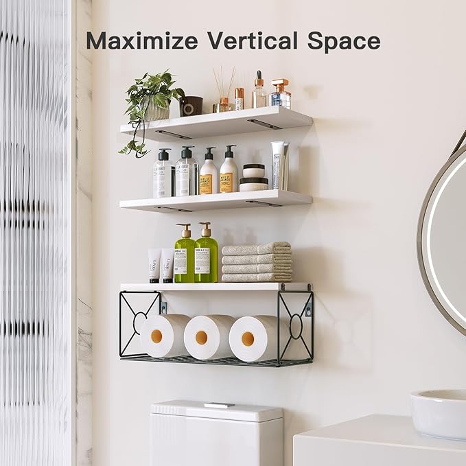 Amada Bathroom Shelves Over Toilet with Storage Basket, Floating Wall Shelves for Home Organization & Wall Decor, Bathroom/Kitchen/Living Room ShelvesWhite