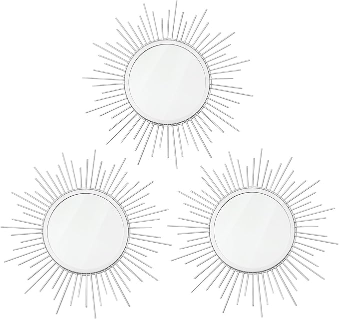 3 Pack Metal Mirrors for Wall Sunburst Wall Mirrors Home Décor Decorative Hanging Wall Art for Living Room Bedroom Entryway (Silver, Sunburst)