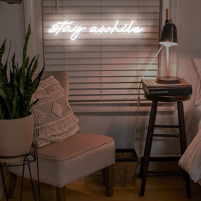 Stay Awhile Neon Signs - IMEGINA Dimmable LED Neon Sign for Wall Decor 19.7x5 Inch, USB Powered Neon Light for Bar Bedroom Home Room Pub Party (White)