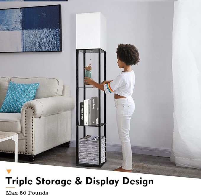 RUNTOP 3-Shelf Floor Lamp with LED Bulbs - Modern Standing Display Shelf Lamp for Living Room, Bedroom and Office (Black)