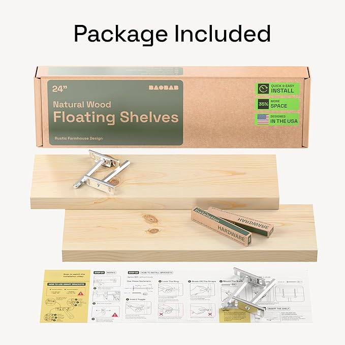 BAOBAB WORKSHOP Wood Floating Shelves for Bathroom Wall - Rustic Shelf 24 inch - Floating Wooden Shelves for Bedroom Kitchen Living Room - Natural Wood Shelves - DIY, 24 x 6.7 Inch, Set of 2