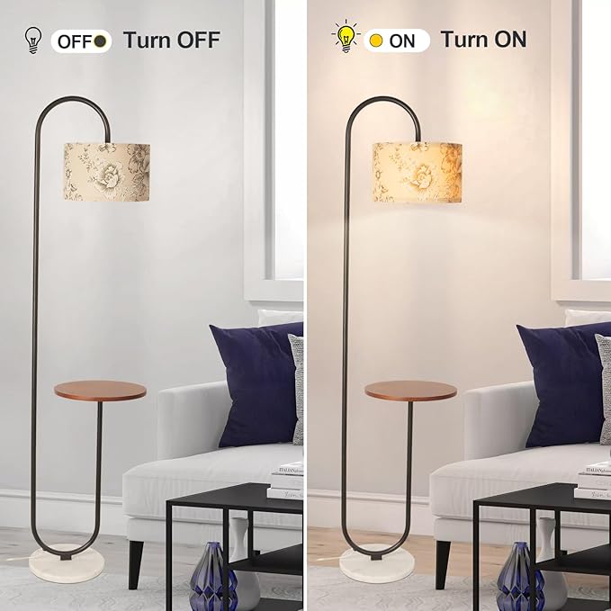 Hsyile Arc Floor Lamp with Hanging Drum Shade for Living Room-Marble Base Modern Tall Stand Up Light with Table, Contemporary Over The Couch Black Lamp Standing Lamps