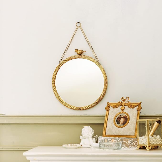 NIKKY HOME 11 Inch Decorative Small Hanging Mirrors Vintage Round Metal Framed Wall Mounted Mirror Decor with Bird for Bathroom Living Room Office, Rustic Gold