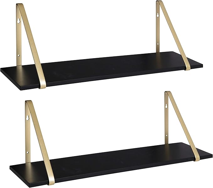 Kate and Laurel Soloman Black Wooden Shelves with Gold Metal Brackets, 2 Piece Set