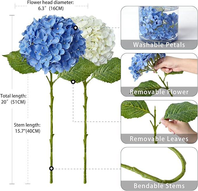 4 Pcs 20'' Real Touch Hydrangea Artificial Flowers Boho Lifelike Real Looking Latex Hydrangeas Flower with Long Stem for Baby Shower Indoor Home Decor Spring Table Centrepiece 2 Blue 2 White