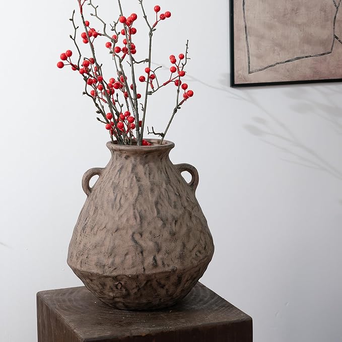 Ceramic Rustic Farmhouse Flower Vase with 2 Handles, 10.6 Inch Tan Brown Vintage Clay Terracotta Pottery Texture Handmade Vase,Wabi Sabi Home Living Room Table Decor,Gift for Women Girls