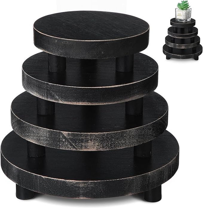 Geetery 4 Pcs Wooden Risers for Display Wood Pedestal Stand Mini Tray Stand Round Wooden Pedestal Holder Rustic Riser for Decor Tiered Tray Decor Home Kitchen, 4 Size(Black)