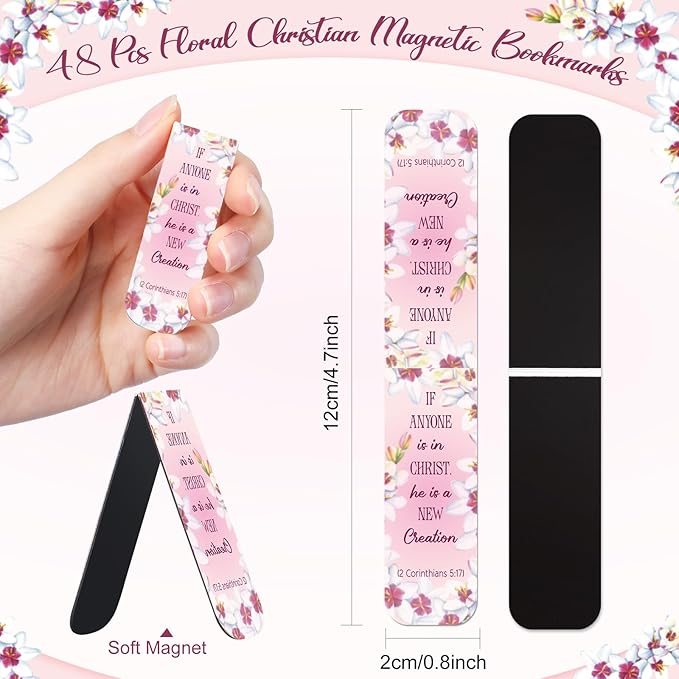 Zonon 48 Pcs Bible Verse Magnetic Bookmarks, Inspirational Scripture Christian Book Markers Religious Motivational Encouragement Flower Page Clips Presents for School Supplies(Flower Style)