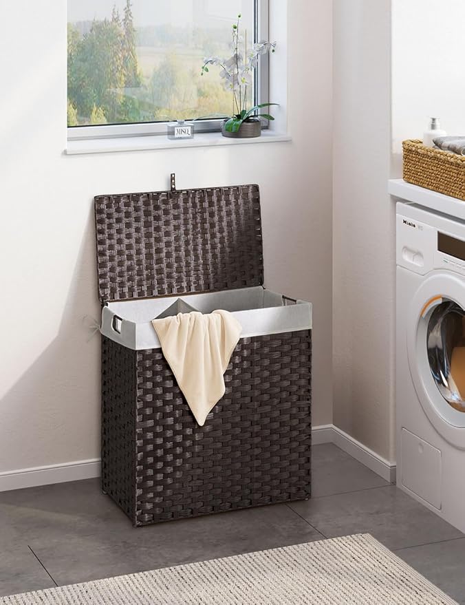 Greenstell Laundry Hamper with lid, No Install Needed, 90L Wicker Laundry Baskets Foldable 2 Removable Liner Bags, 2 Section Clothes Hamper Handwoven Rattan Laundry Basket with Handles, Brown