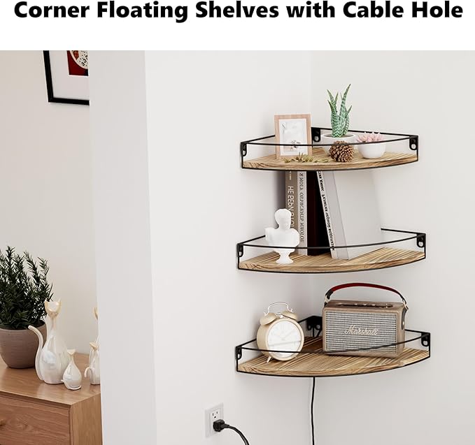 Corner Shelf Wall Mounted, Corner Floating Shelves for Wall, Wood Storage with Cable Hole for Kitchen Living Room Bedroom Bathroom, Rustic Brown Set of 3