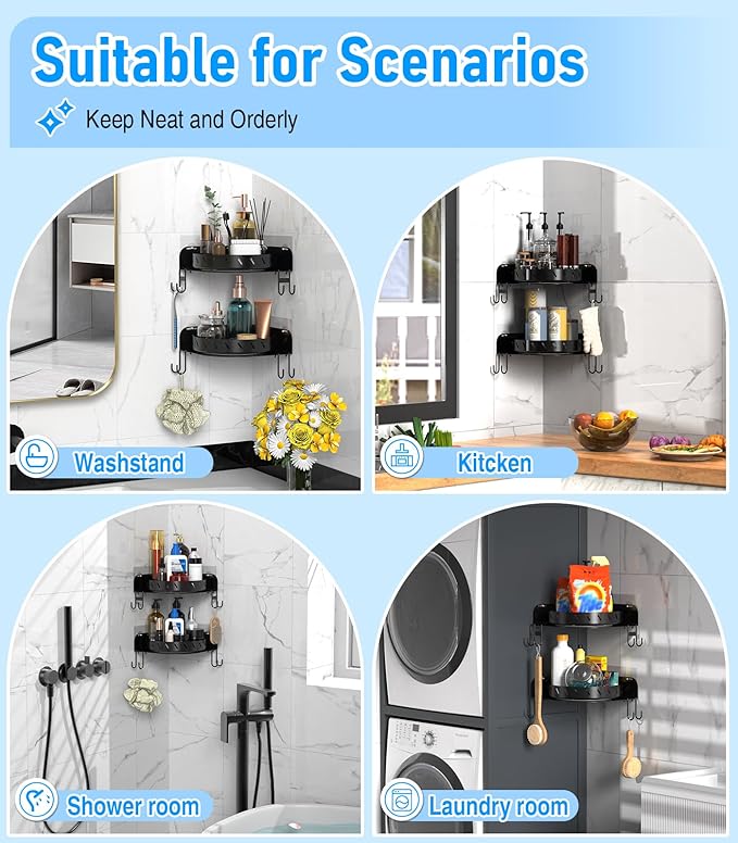 360°Rotating Corner Shower Caddy Shelf With 6 Hooks,2PACK Bathroom Shower Organizer Corner with 5Pcs Adhesive,Stainless Steel Corner Shower Racks for Inside Shower for Home Apartment Decor(Black)