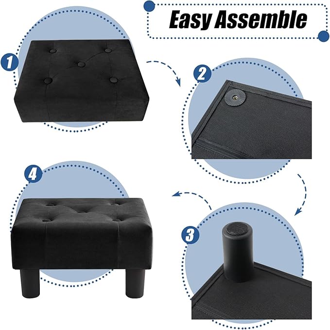 BRIAN & DANY Small Foot Stool, Velvet Foot Stools with Legs, Stable Small Footstool for Living Room, Black