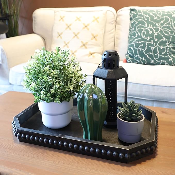 Wood Rustic Serving Tray with Beads, Farmhouse Vintage Black Decorative Tray for Table Centerpiece, Christmas Wedding Halloween Home Decor