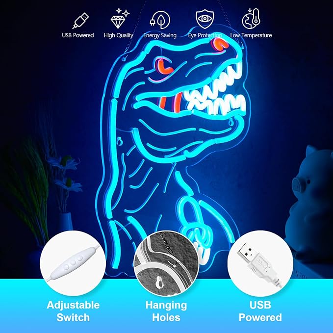 Dinosaur Neon Sign T-REX Neon Sign for Wall Decor Dino USB Dimmable Neon Light Sign for Boys Girls Room Gameroom Holiday Birthday Christmas Gift