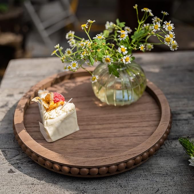 12in Round Wood Beaded Tray - Brown, Distressed Finish - Farmhouse Boho Style - Decorative Tray for Living Room, Coffee Table, Kitchen Table or Serving Tray