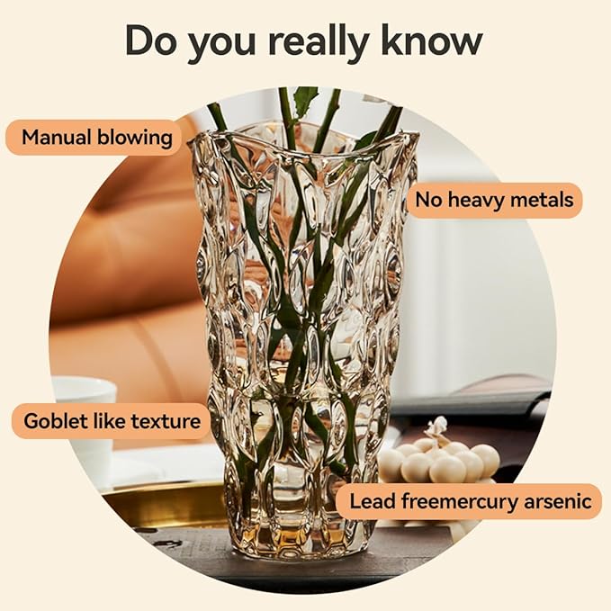 CEMABT 9.5inch 3.4 lb Glass Vases for Flowers Unbreakable Thickened Morden vase for Tables Centerpieces,Colorful,Vintage and Clear Rose Large Flower vases for Bouquet Unique Gifts(Champagne)