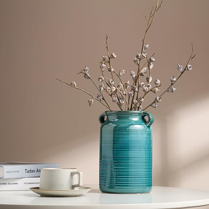Ceramic Rustic Distressed Green Flower Vase for Centerpieces, Kitchen, Office or Living Room (5.9''x8.6'')