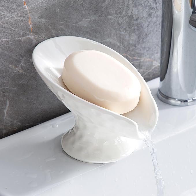 Self Draining Soap Dish,Soap Bar Holder for Shower,White Ceramic Soap Dishes for Bathroom Kitchen Shower Keeps Soap Dry, Easy to Clean(Gloss White)