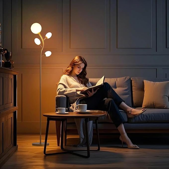 Fiqevs 4 Globe Floor Lamp with 2700K Warm Light LED Bulbs Included, Mid Century Modern Tree Standing Lamp with Frosted Glass Shade, Arc Torch Tall Lamp for Living Room, Bedroom, Office, Antique Brass