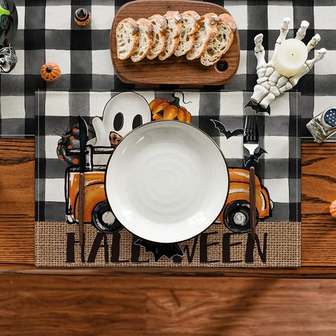 Artoid Mode Buffalo Plaid Bat Ghost Truck Spooky Halloween Placemats Set of 4, 12x18 Inch Seasonal Table Mats for Party Kitchen Dining Decoration