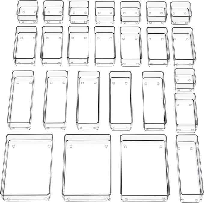 SMARTAKE 25-Piece Drawer Organizer with Non-Slip Silicone Pads, 4-Size Desk Drawer Organizer Trays Storage Tray for Makeup, Jewelries, Utensils in Bedroom Dresser, Office and Kitchen (Clear)
