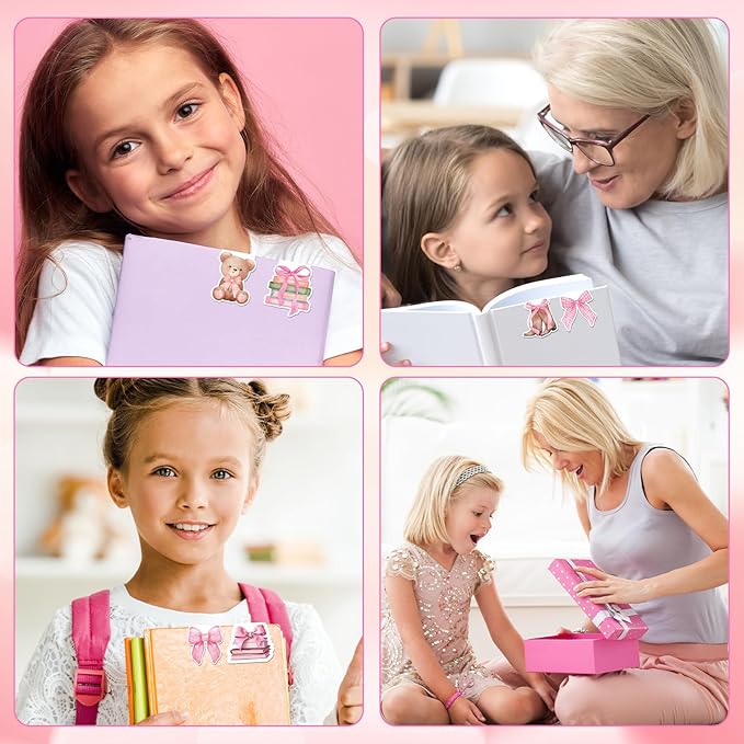 Pink Coquete Bows Magnetic Bookmarks - Wxiben 12 Pcs Pink Bow Magnetic Bookmark Strawberry Bear Book Mark Magnets Cowgirl Boot Book Markers Page Clip Gift for Teen Girls Book Lovers Students Reading