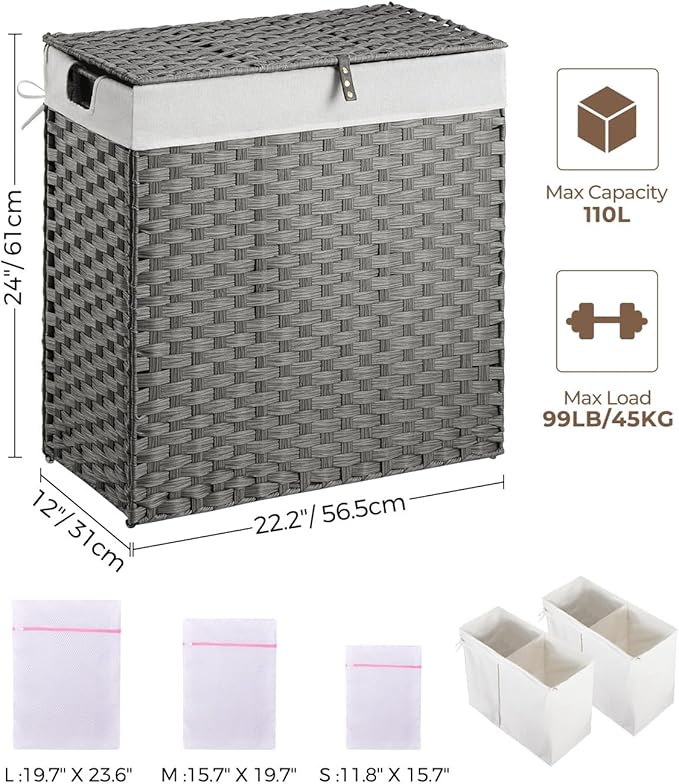 Greenstell Laundry Hamper with lid, No Install Needed, 110L Wicker Laundry Baskets Foldable 2 Removable Liner Bags, 2 Section Clothes Hamper Handwoven Rattan Laundry Basket with Handles, Gray