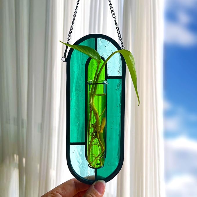 LITMIND Stained Glass Plant Propagation Station, Hanging Hydroponic Planter Terrarium with 2 Glass Tubes - Perfect for Home & Garden Décor