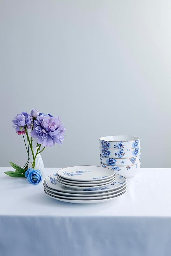 Stone Lain Viola 12-Piece Dinnerware Set Porcelain, Plates and Bowls Set, Dish Set for 4, Microwave and dishwasher Safe, Blue