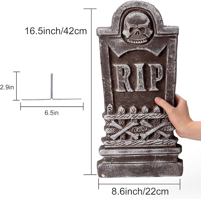 17” Halloween Foam RIP Graveyard Tombstones, 5 Pack Tombstone with 10 Metal Stakes for Halloween Decorations