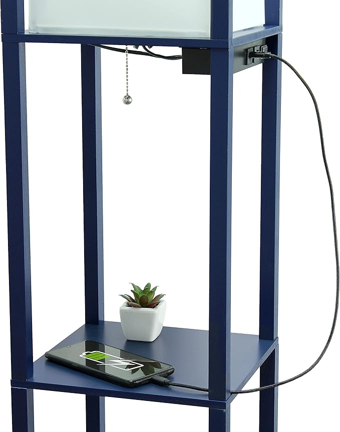 Simple Designs LF1037-NAV Floor Lamp Etagere Organizer Storage Shelf with 2 USB Charging Ports, 1 Charging Outlet and Linen Shade, Navy Blue