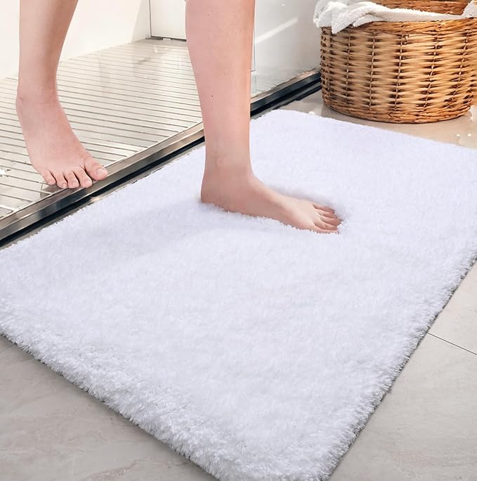 AROGAN Luxury Long Bathroom Runner Rug, 20x30 Inch Thick Soft and Absorbent Microfiber Non Slip Bath Mat, Rubber Backing Quick Dry Rugs Carpets, Machine Washable Plush Mats for Shower Floor, White