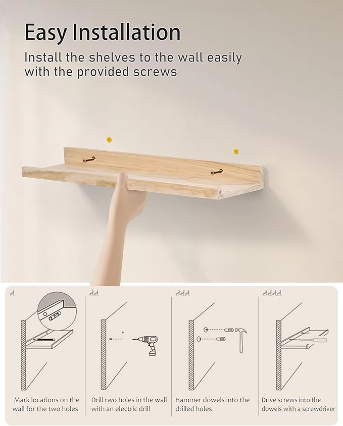 Long Floating Shelves Natural Wood, Picture Ledge Decorative Shelf 48 Inch, Large Wall Mount Photo Shelves Set of 2, Kitchen Unfinished Wooden Shelves for Bedroom Livingroom Bathroom,Pine Wood