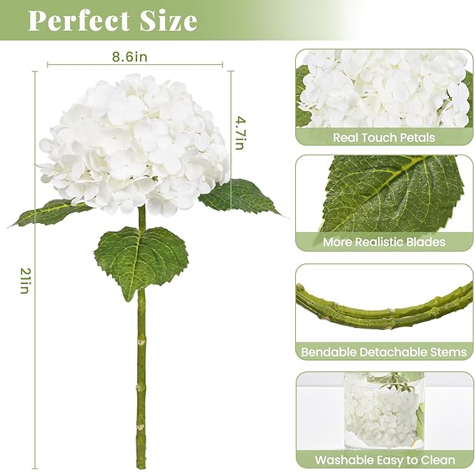 MARTINE MALL 3Pcs 21in Hydrangea Artificial Flowers, Latex Real Touch Hydrangeas Lifelike Large Hydrangea Flowers for Home Decor Party Arrangements Wedding Bouquets Centerpieces (White)