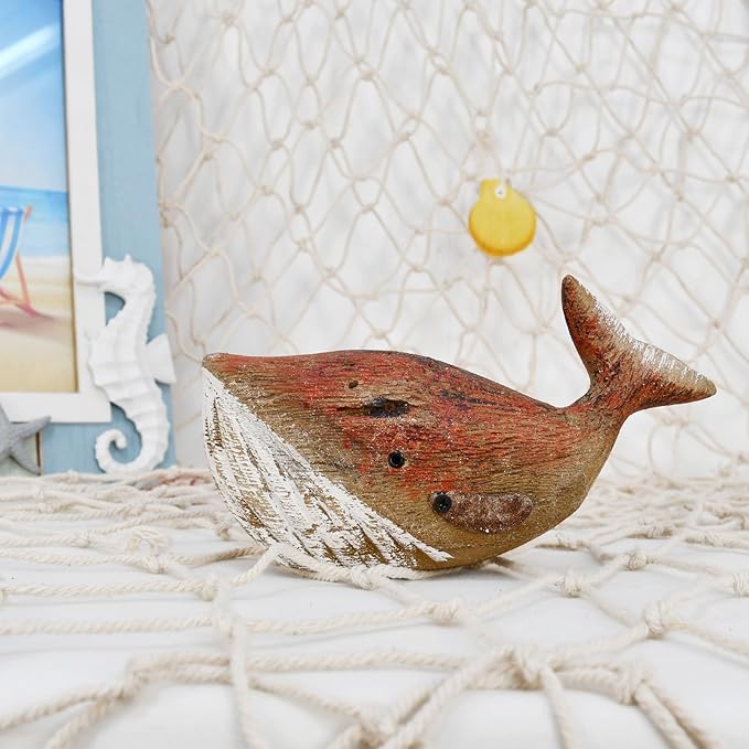 K KILIPES Wood Whale Statue Beach Table Decor for Home, 3.35" H Rustic Hand Carved Wood Sculpture Whale Figurine Coastal Centerpiece Nautical Ocean Decorations