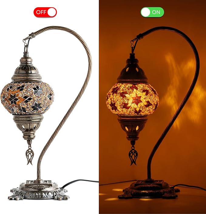Kafthan Turkish Moroccan Mosaic Lamp – Handmade Glass Swan Neck Bedside Lamp with Antique Brass Base, Ideal Decor for Bedroom, Office, Living Room – Bulb Included (Ecru Snow Flakes)