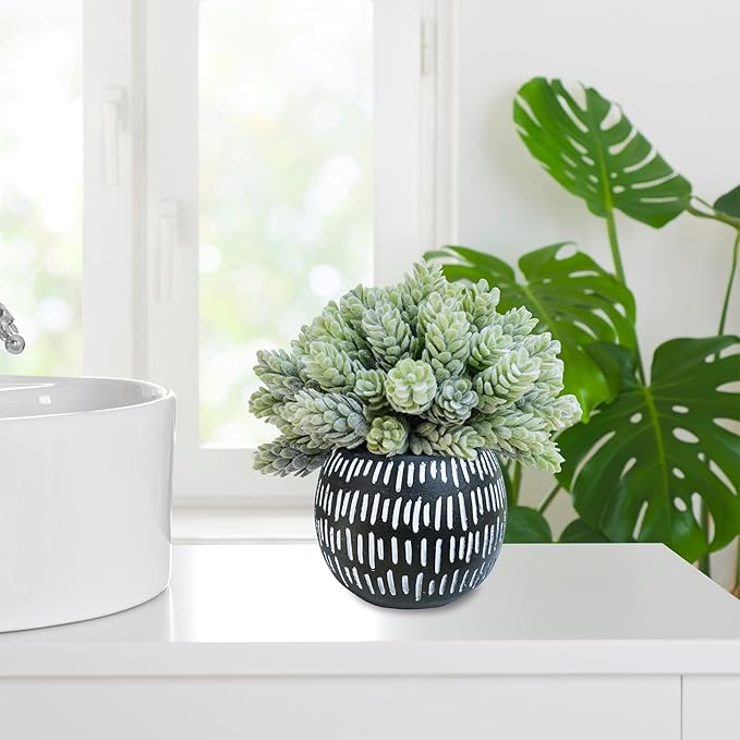 Winlyn Set of 3 Small Artificial Succulent Potted Plants Faux Aloe Hops Hanging Succulent in Black Concrete Planters for Gift Home Office Bathroom Living Room Wedding Windowsill Table Shelf Desk Décor
