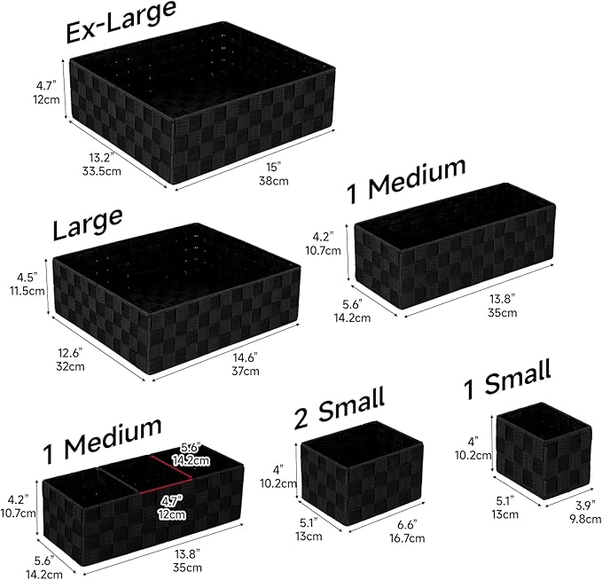 Drawer Organizer, Cube Baskets for Storage Shelves, Handmade Small Woven Basket, Shallow Storage Bins for Organizing Desk, Dresser, Kitchen, Pantry, Nested 7 Pack, Black