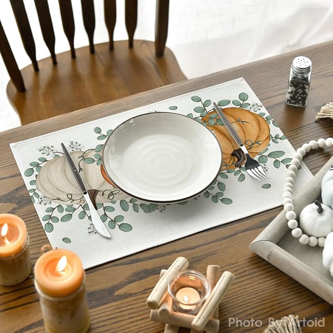 Artoid Mode Orange Pumpkin Eucalyptus Fall Placemats Set of 2, 12x18 Inch Seasonal Table Mats for Table Runner Party Kitchen Dining Decoration