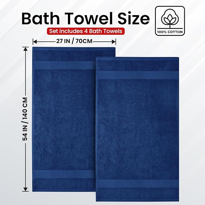 Infinitee Xclusives Luxury 100% Ring-Spun Cotton Bath Towels Set of 4 (27x54 inches) – Soft, Absorbent & Quick-Drying Towels for Bathroom, Gym, Spa & Hotel Use (Tranquil Navy)