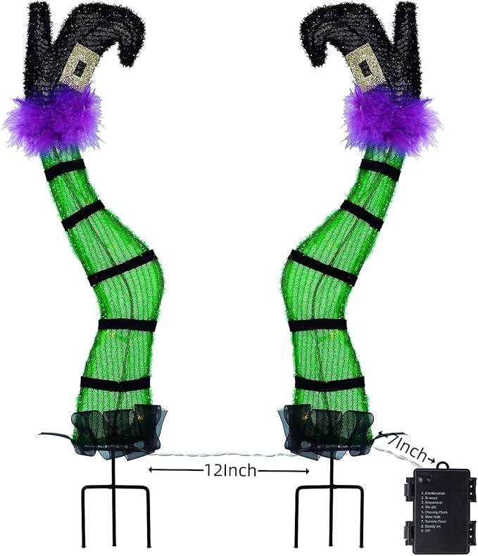 Juegoal Set of 2 Halloween Lighted Wicked Witch Legs with Stakes, 22" Light Up Tinsel Witch Prop, Halloween Yard Signs Timer & 8 Modes, Battery Operated for Outdoor Party Haunted House Garden Decor