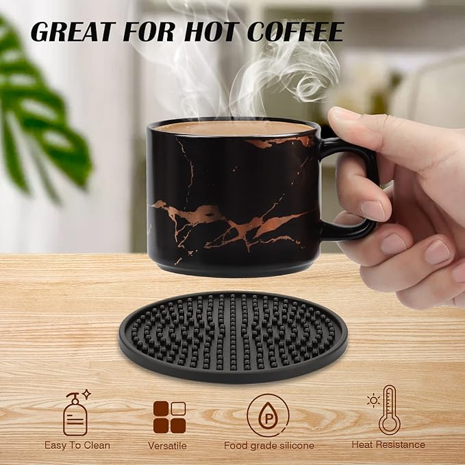Silicone Coasters Set - Deep Grooved, Non-Slip & Non-Stick, Heat Resistant - Prevents Furniture & Tabletop Damages (Dots, 2Pack-Black)